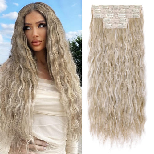 REECHO Clip in Hair Extensions, 5PCS Ash Blonde Hair Extensions 24" Thick Long Loose Waves hair extensions HE002 Invisible Lace Weft Natural Soft Hairpieces for Women Â¨C Ash Blonde with Highlights