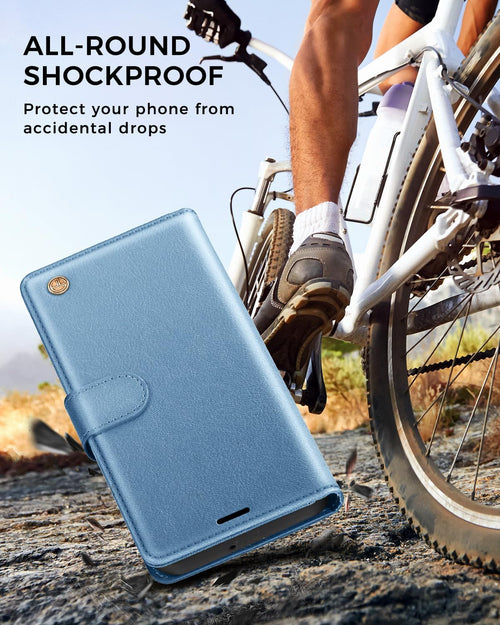 AIMOYU for iPhone 11 Case, Flip Wallet Leather Phone Case with [4 Card Slots] [Kickstand] [RFID Blocking] Magnetic Protective Shockproof Cover for iPhone 11 Phone Case - Sky Blue
