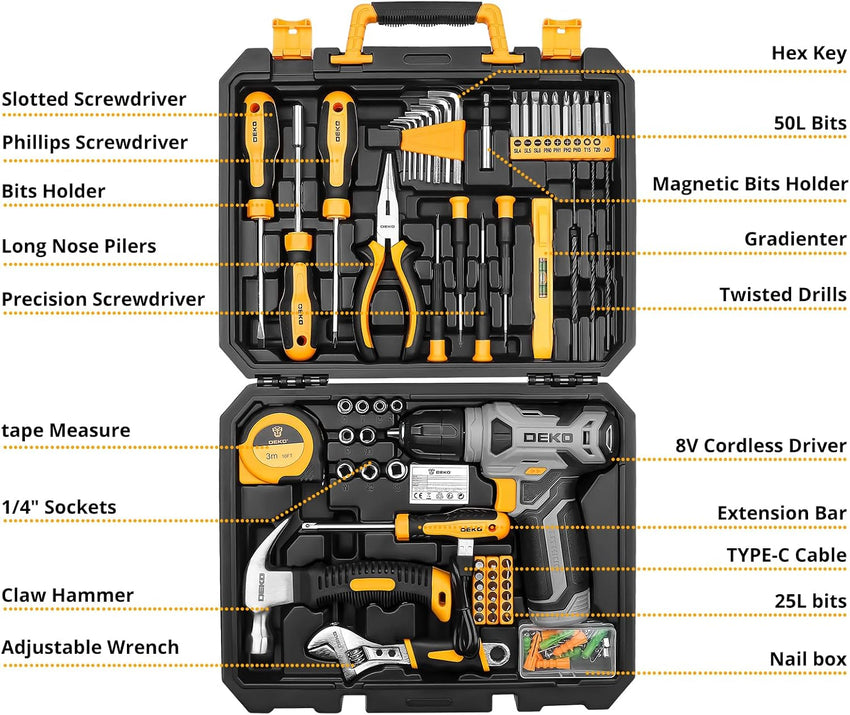 Tool Kit: DEKO Drill Set with Cordless Drill, Tool Kit Set Box, DIY Hand Tools for Men and Home, with 8V Electric Drills,126 Piece