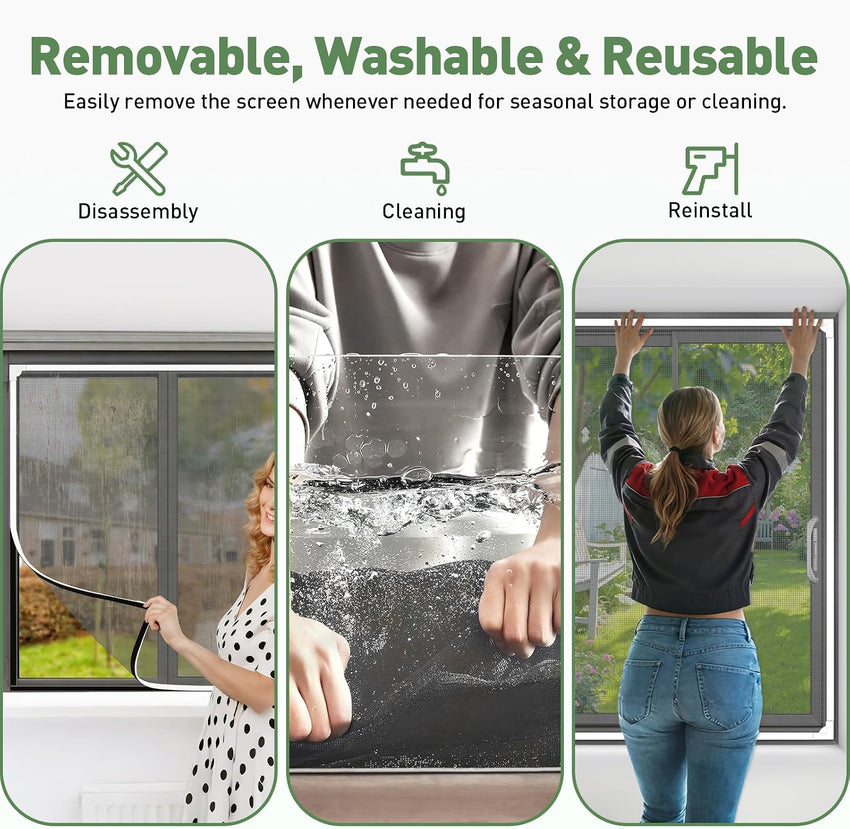 OWYR Adjustable Magnetic Fly Screen Window - DIY Fit Up to 120x130cm, Fiberglass Insect Mesh for Mosquito Net & Bug Screen, Full Frame Magnetic Strip Easy Installation (White Frame Grey Net)