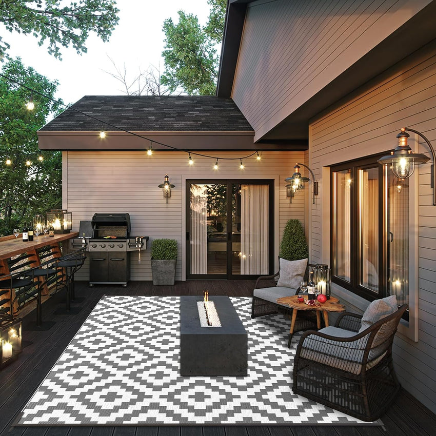Reversible Geometric Outdoor Rug Waterproof Anti-slip UV Resistant Easy Clean â 270x360cm Grey/White