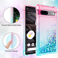 Pilaru for Google Pixel 7a Case [with Screen Protector] Clear Liquid Heart Glitter Soft TPU Bumper Cover Holographic Heart Girly Woman Protective Phone Case for Google Pixel 7a,Pink/Teal