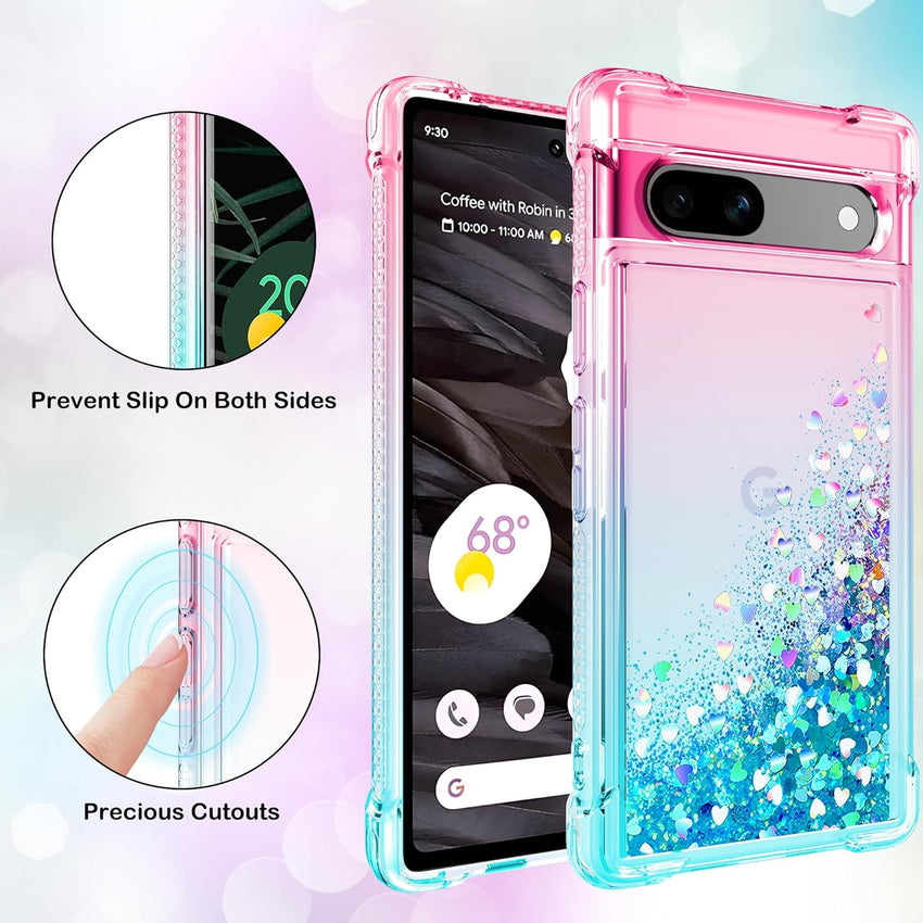 Pilaru for Google Pixel 7a Case [with Screen Protector] Clear Liquid Heart Glitter Soft TPU Bumper Cover Holographic Heart Girly Woman Protective Phone Case for Google Pixel 7a,Pink/Teal