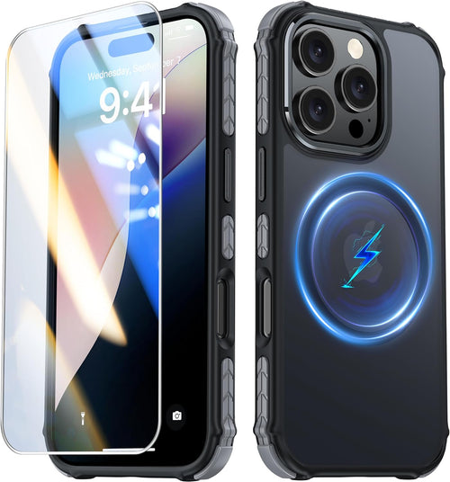 AMILIFECASES Magnetic for iPhone 16 Pro Case, [1X 9H Screen Protector] [Anti-Fingerprint] [Anti-Scratch], Translucent Matte Back Slim Shockproof Case for iPhone 16 Pro 6.3inches - Black