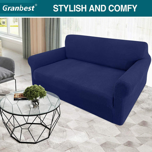 Granbest High Stretch Sofa Covers 2 Seater Super Soft Loveseat Cover Universal Couch Covers Jacquard Sofa Cover for Dogs Non Slip Furniture Protector Machine Washable (2 Seater, Navy Blue)