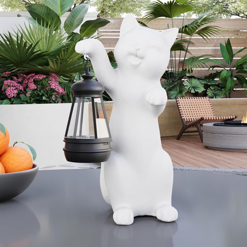 Solar Powered Garden Resin Statue Lights, 10 Inch Waterproof Outdoor Animal Cute Cat Figurine Lights, Suitable for Patios, Balconies, Lawns, Courtyards, Etc(Hand)