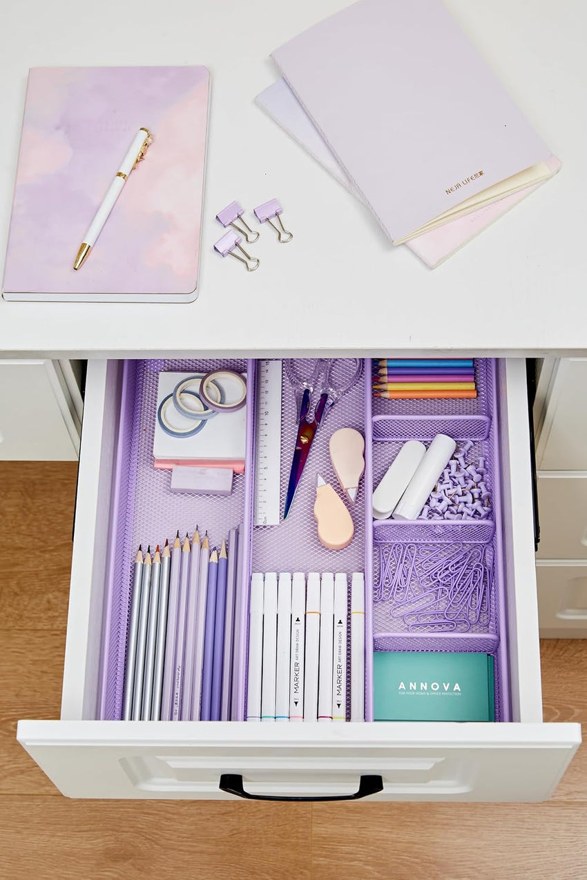 Annova Desk Drawer Organizer/Storage Tray - Metal Mesh with Dividers for Pens, Desktop Accessories, Bathroom, Kitchen, Makeup and Office Supplies (Purple)