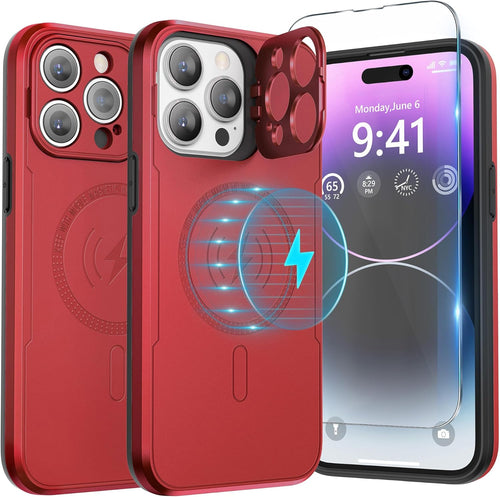 abitku Magnetic Case for iPhone 15 Pro Max, with Camera Protector Kickstand Cover (Compatible with MagSafe & Car Holder), with Screen Protection Shockproof Phone Case for Men Women (Red)
