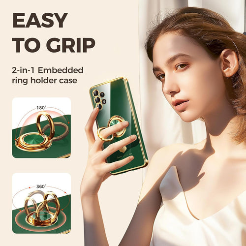 Nonional for Samsung Galaxy A32 5G Case with 2 Pack Screen Protector, 360^0 Rotatable Ring Holder [Luxury Hearts Pattern] Plating Gold Edge Slim Soft Phone Cover Case for Galaxy A32 - Green