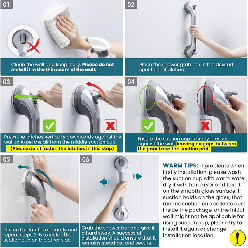 TAILI Suction Grab Rails for Bathroom, 43 CM Hand Rails for Elderly, MAX Hold 110 KG Shower Grab Bar for Elderly, Senior, Disabled, Strong Bathtub Shower Handles, No Drilling, Disability Aids, Silver