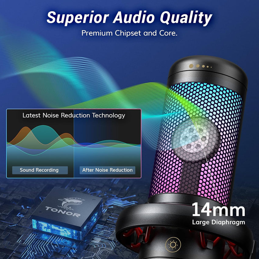 TONOR Gaming USB Microphone with RGB Modes & Boom Arm Black