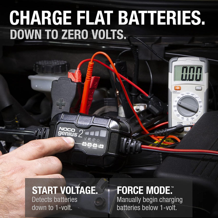 NOCO GENIUS2: 2A 6V/12V Smart Battery Charger - Automatic Maintainer, Trickle Charger & Desulfator with Overcharge Protection & Temperature Compensation - For Lead-Acid & Lithium Batteries
