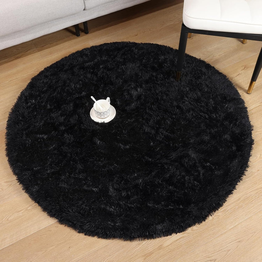 Round Shaggy Area Rug Fluffy High Pile Plush Washable Velvet 120cm Decorative Floor Mat Ã¢ÂÂ Black