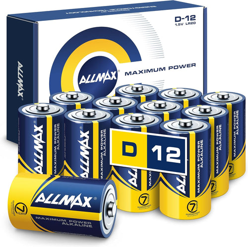 Allmax D (LR20) Maximum Power Alkaline Batteries (12 Count) - Ultra Long-Lasting, Leakproof Design, 7-Year Shelf Life, Maximum Performance (1.5V)