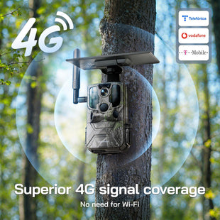 WOLFANG 4G LTE Cellular Wildlife Camera Solar Powered, 7800 mAh Battery, 2.5K Cellular Trail Camera with APP Control Built-in SIM No-Glow Night Vision 0.2s Trigger Motion Activated Waterproof
