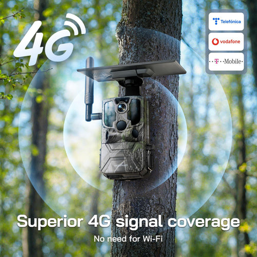 WOLFANG 4G LTE Cellular Wildlife Camera Solar Powered, 7800 mAh Battery, 2.5K Cellular Trail Camera with APP Control Built-in SIM No-Glow Night Vision 0.2s Trigger Motion Activated Waterproof