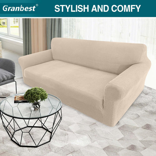 Granbest High Stretch Sofa Covers 3 Seater Super Soft Stylish Couch Covers for Dogs Pets Cats Jacquard Spandex Non Slip Sofa Slipcover for Living Room Furniture Protector (3 Seater, Beige)