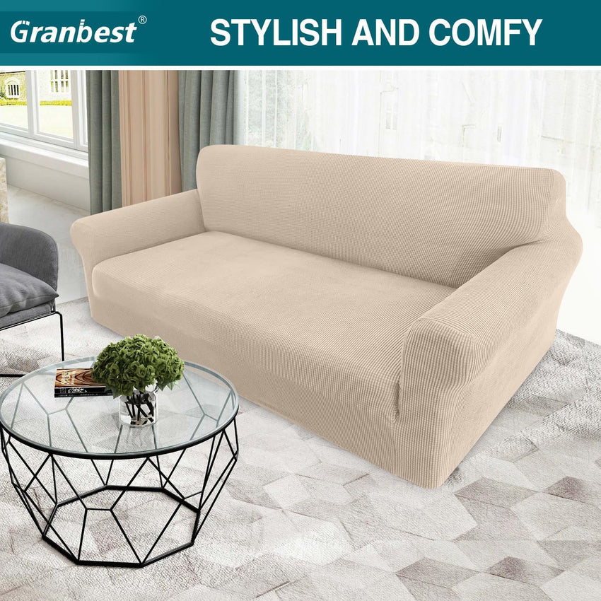 Granbest High Stretch Sofa Covers 3 Seater Super Soft Stylish Couch Covers for Dogs Pets Cats Jacquard Spandex Non Slip Sofa Slipcover for Living Room Furniture Protector (3 Seater, Beige)
