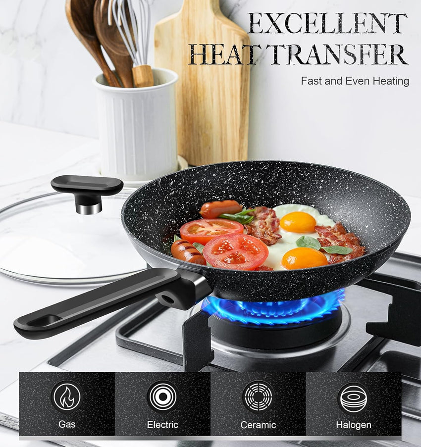 MICHELANGELO 20cm Small Frying Pan with Lid, Non Stick Frying Pan with Lid 20cm, Egg Frying Pan with Nonstick Stone Coating, Healthy & Non-Toxic Granite Frying Pan, Black