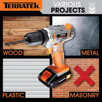 Terratek Cordless Drill Driver 18V Lithium-Ion, 13Pc Electric Screwdriver Set, LED Work Light, Electric Drill Quick Change Power Drill Battery and Charger Included