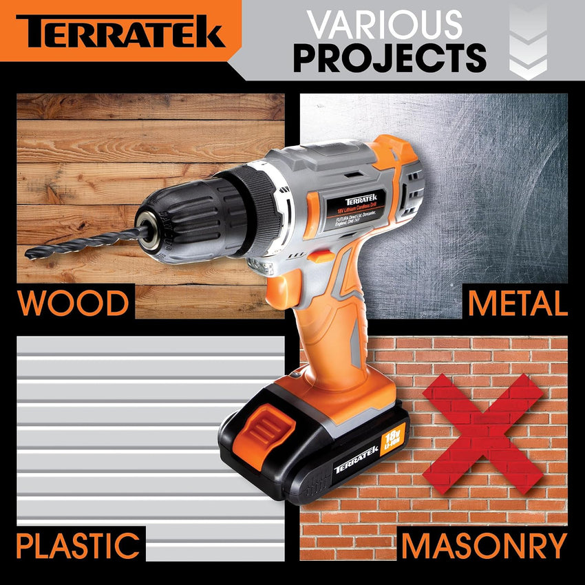 Terratek Cordless Drill Driver 18V Lithium-Ion, 13Pc Electric Screwdriver Set, LED Work Light, Electric Drill Quick Change Power Drill Battery and Charger Included