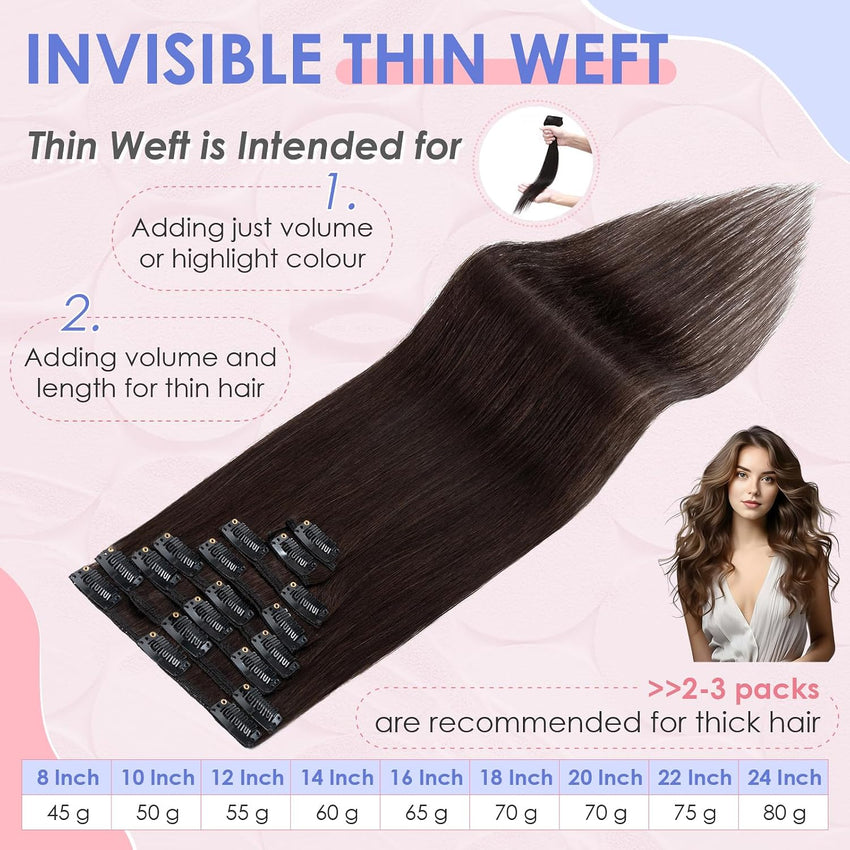 Clip-in Human Hair Extensions 8 Piece Remy Straight 16in 65g Full Head #2 Dark Brown