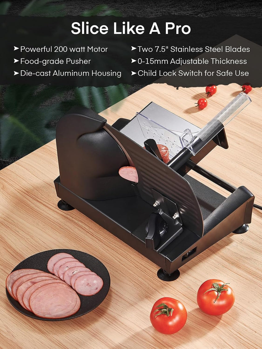 Meat Slicer with 2 * 19cm Blade, Electric Meat Slicer Machine for Home Use 200W, FOHERE Deli Food Slicer, 0-15mm Adjustable Thickness for Cheese, Bread, Include Safety Food Pusher, Silver