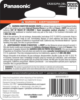 Panasonic CR2032 3.0 Volt Long Lasting Lithium Coin Cell Batteries in Child Resistant, Standards Based Packaging, 2-Battery Pack