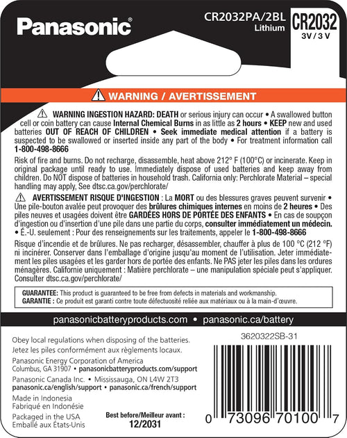 Panasonic CR2032 3.0 Volt Long Lasting Lithium Coin Cell Batteries in Child Resistant, Standards Based Packaging, 2-Battery Pack