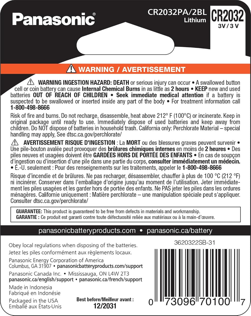 Panasonic CR2032 3.0 Volt Long Lasting Lithium Coin Cell Batteries in Child Resistant, Standards Based Packaging, 2-Battery Pack
