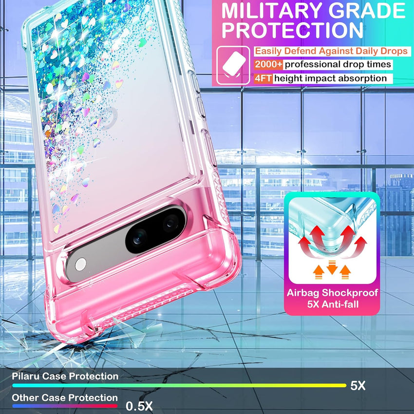 Pilaru for Google Pixel 7a Case [with Screen Protector] Clear Liquid Heart Glitter Soft TPU Bumper Cover Holographic Heart Girly Woman Protective Phone Case for Google Pixel 7a,Pink/Teal