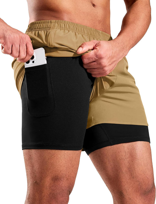 2-in-1 Men's Running Shorts 5in Quick-Dry Compression Liner Pockets 3 inch Khaki 3XL
