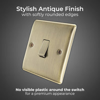 BG Electrical Single Wall Light Switch, 2 Way, Raised and Slim Profile, Round Edges, Nexus Metal, Antique Brass, 20A, 16AX, NAB12