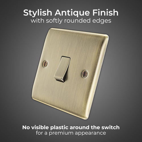 BG Electrical Single Wall Light Switch, 2 Way, Raised and Slim Profile, Round Edges, Nexus Metal, Antique Brass, 20A, 16AX, NAB12