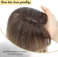 Peonymebeauty Clip in Fringe Hair Toppers, 4"X5" Base Topper with Bangs for Hair Loss Long Layered 18 Inch Synthetic Fiber Wiglets Ladies Straight Hairpieces for Women(Natural Blonde with Dark Root)