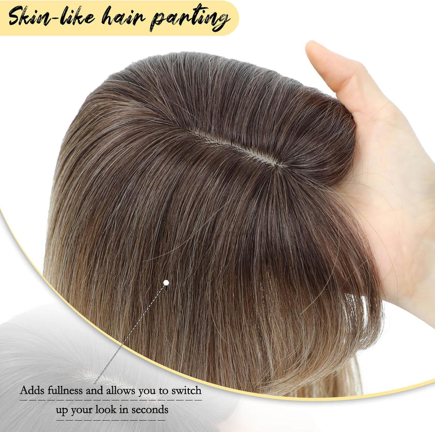 Peonymebeauty Clip in Fringe Hair Toppers, 4"X5" Base Topper with Bangs for Hair Loss Long Layered 18 Inch Synthetic Fiber Wiglets Ladies Straight Hairpieces for Women(Natural Blonde with Dark Root)