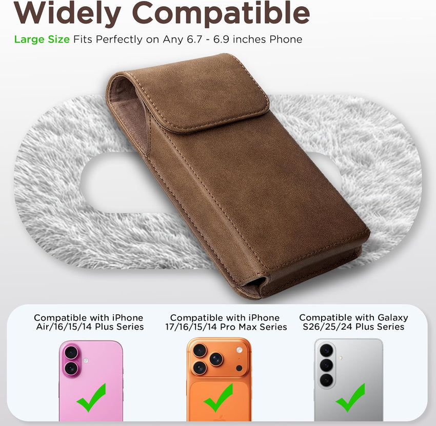 INGIDO Holster for iPhone 16 Pro Max 15 Pro Max 14 Pro Max 13 Pro Max 12 Pro Max 16 Plus 15 Plus 14 Plus, Premium Leather Pouch with Belt Clip Phone Holster Belt Case, Light Brown -L