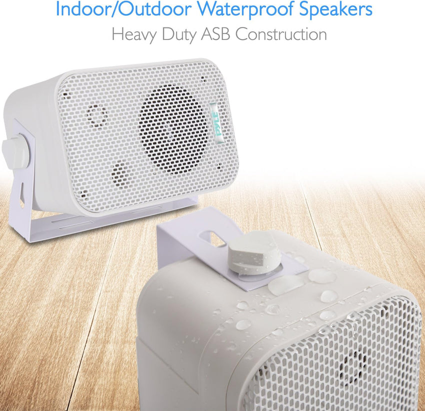 Pyle Home Dual Waterproof Outdoor Speaker System 300W - 3.5 Inch/8.9cm Pair of Weatherproof Wall/Ceiling Mounted Speakers, Heavy Duty Grill, Universal Mount, For Pool, Patio, Boat, Indoor, (White)