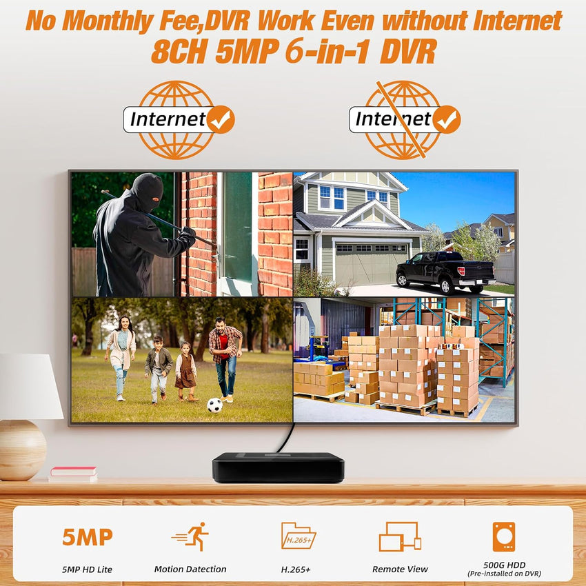Surveillance DVR 8 Channel H.265+ Security Video Recorder with 500G HDD,Hybrid 5-in-1 CCTV DVR for IPC/AHD/TVI/XVI/CVI Camera,DVR for Security Camera Home Surveillance System, Mobile APP & PC Remote