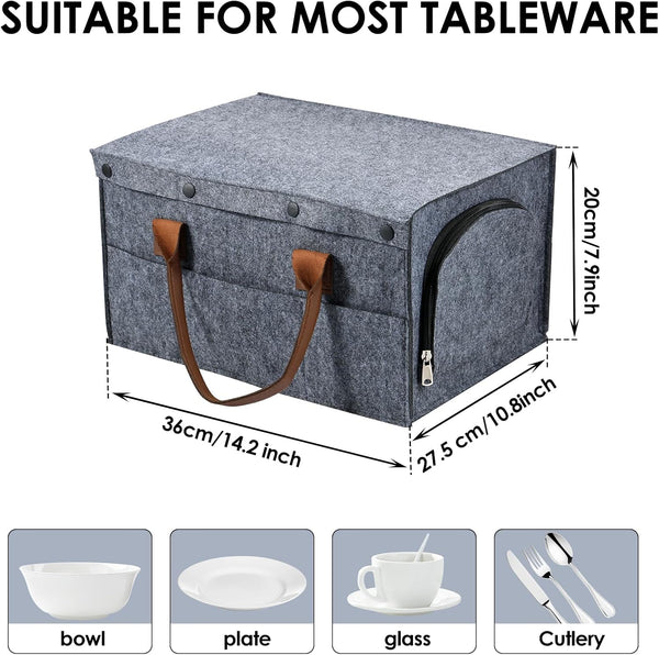 Caravan Felt Plate Holder Storage Bag 8 Plate + 4 Bowl Compartments Dustproof with Lid