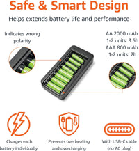 Amazon Basics Rechargeable NiMh AAA 800mAh 8 Pack + AA 2000mAh 8 Pack, with 8 Bay Battery Charger, No AC Power Adapter, USB C Port, 16 count in total, Black