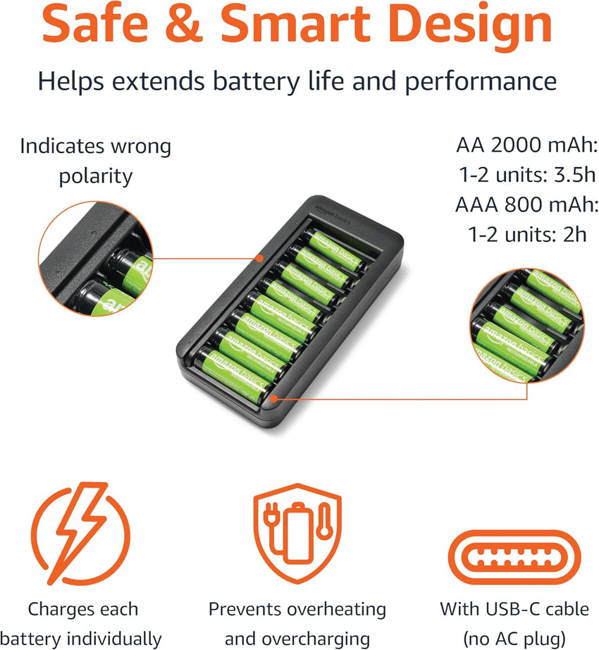 Amazon Basics Rechargeable NiMh AAA 800mAh 8 Pack + AA 2000mAh 8 Pack, with 8 Bay Battery Charger, No AC Power Adapter, USB C Port, 16 count in total, Black