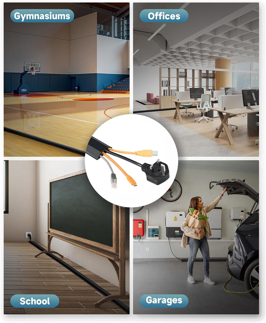 CREWORKS 1.8 m Floor Cord Cover, 3 Channel Cable Cover with Self-Adhesive Baking, Extension Cord Cable Protector, Flexible PVC Duct Wire Cable Management for Homes Offices Garages, Black