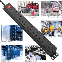 2 Pack - 7 Way Power Strip Surge Protector with Switch, Rack Mount 19inch Power Socket, Wall Mount Power Strip for Home, Office and Industrial Use, 1.8M Extension Cord, Black