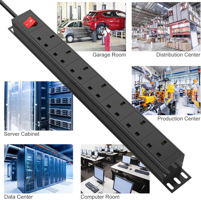 2 Pack - 7 Way Power Strip Surge Protector with Switch, Rack Mount 19inch Power Socket, Wall Mount Power Strip for Home, Office and Industrial Use, 1.8M Extension Cord, Black