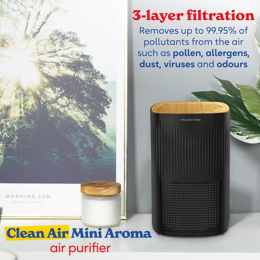 Russell Hobbs Air Purifier 100mÂ³/h HEPA+Carbon CADR 99.95% â Black Scandi Wood