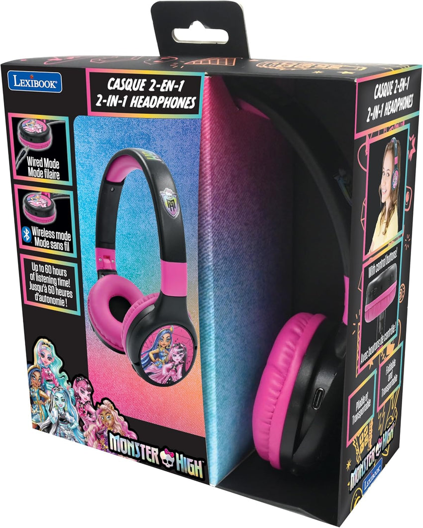 LEXIBOOK, Monster High, 2-in-1 Bluetooth & Wired Headphones with microphone and control buttons, Foldable and Adjustable, Long-lasting rechargeable battery, Pink/black, HPBT010MH
