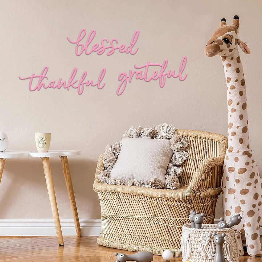 Metal Wall Sign Thankful Grateful Blessed 3-Piece Pink
