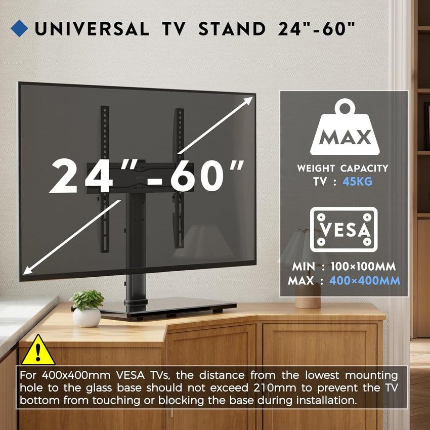BONTEC Universal TV Stand for 24-60 Inch LCD LED OLED Plasma TVs, Height Adjustable Table Top Pedestal with Bracket, 8mm Tempered Glass Base, 45kg Load, Max VESA 400x400mm, Cable Management