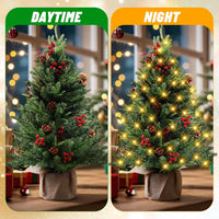 MaxEarn 60CM Mini Christmas Tree with 50 LED String Lights, DIY Artificial Christmas Tree with Star and Red Bowknots, Pine Cones and Red Berries Decoration for Xmas, Home, Kitchen, Dining Table Decor